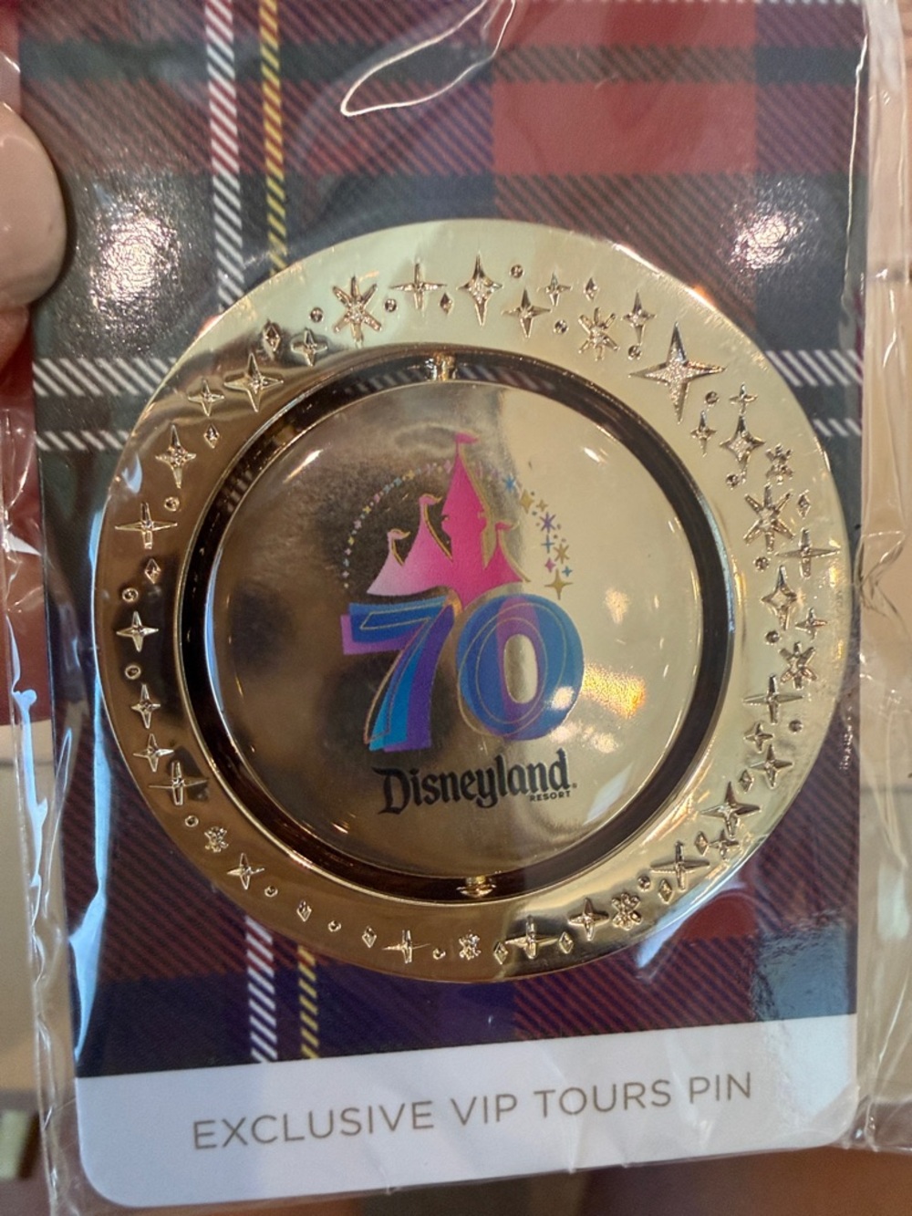 Disneyland 70th Anniversary Gold Pin with Pink & Blue Accents